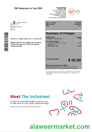 Ireland Virgin Media business utility bill template in Word and PDF formats, version 2